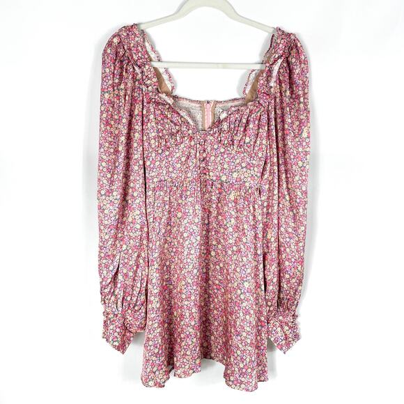 For Love‎ & Lemons Laurie Pink Floral Mini Dress Long Puff Sleeve Sz XS Satin - Picture 6 of 13